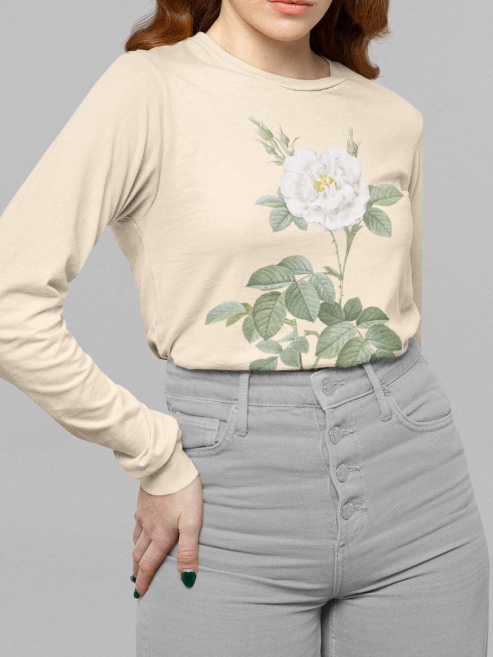 White Rose Vintage Floral Print Long Sleeve Graphic Tee T-shirt S-XXL